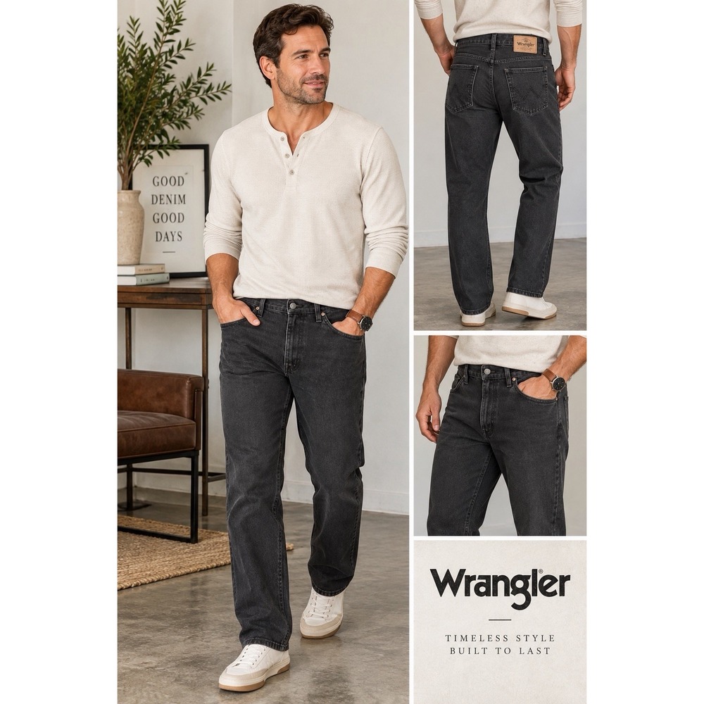Wrangler 97601CB Mens 44x30 Black Relaxed Fit Straight Leg Denim Jeans
